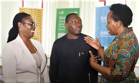 Dr Aisa Kirabo Kacyira (right), Rwandan High Commissioner to Ghana, interacting with Ursula Owusu-Ekuful, Minister of Communications and Digitalisation, and Herbert Krapa (middle), a Deputy Minister of Trade and Industry, after the launch of the AfCFTA Hub Ghana programme in Accra. Picture: GABRIEL AHIABOR